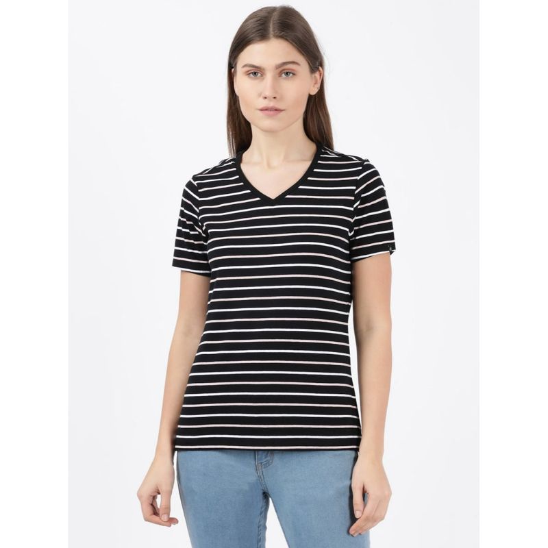 Jockey Aw22 Women's Cotton Elastane V Neck Stripe Tshirt Black Buy