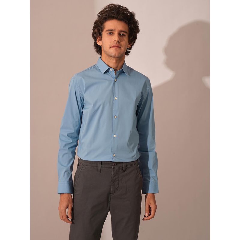 Selected Blue Solid Cotton Full Sleeves Shirt (M)