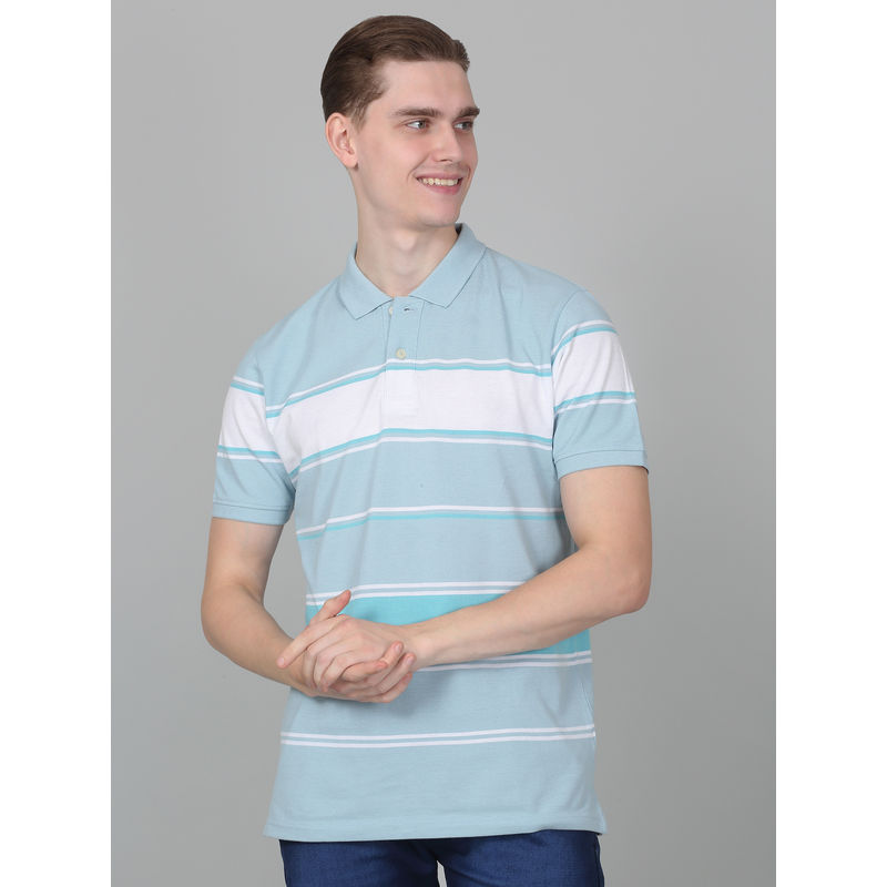 Cantabil Mens Striped Sky Blue Half Sleeve Polo Neck Casual T-Shirt (M)
