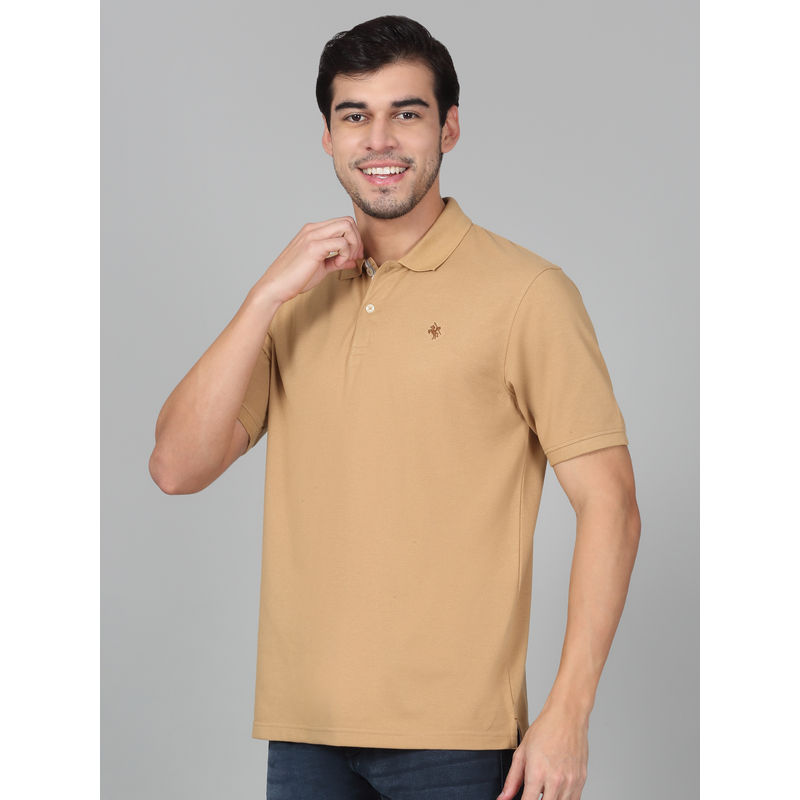 Cantabil Mens Solid Khaki Half Sleeve Polo Neck Casual T-Shirt (L)