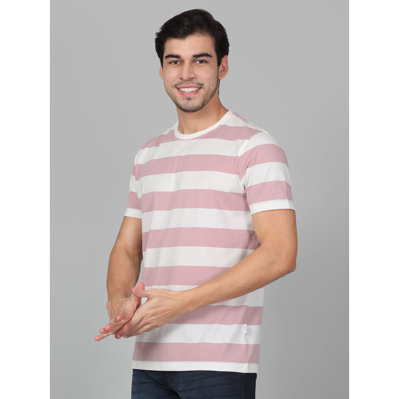 Cantabil Mens Striped Pink Half Sleeve Round Neck Casual T-Shirt (M)