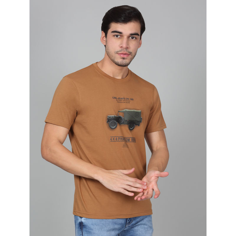 Cantabil Mens Printed Khaki Half Sleeve Round Neck Casual T-Shirt (L)