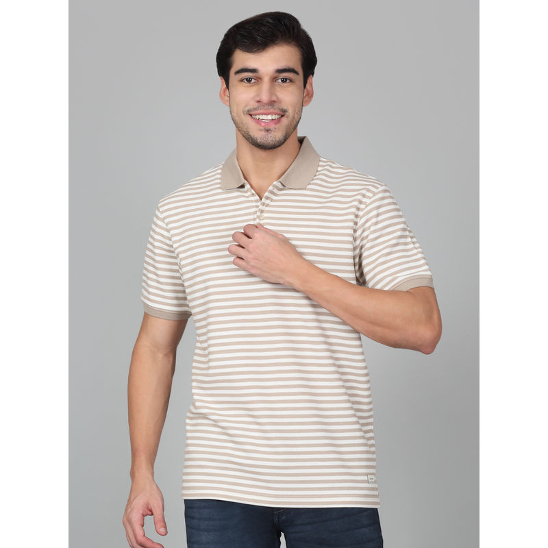 Cantabil Mens Striped Beige Half Sleeve Polo Neck Casual T-Shirt (XL)