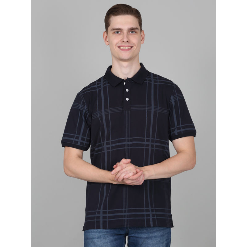 Cantabil Mens Checks Navy Blue Half Sleeve Polo Neck Casual T-Shirt (M)
