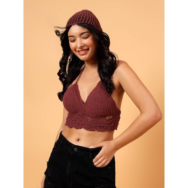 Velvery Crochet Beach Bralette - Maroon (38)