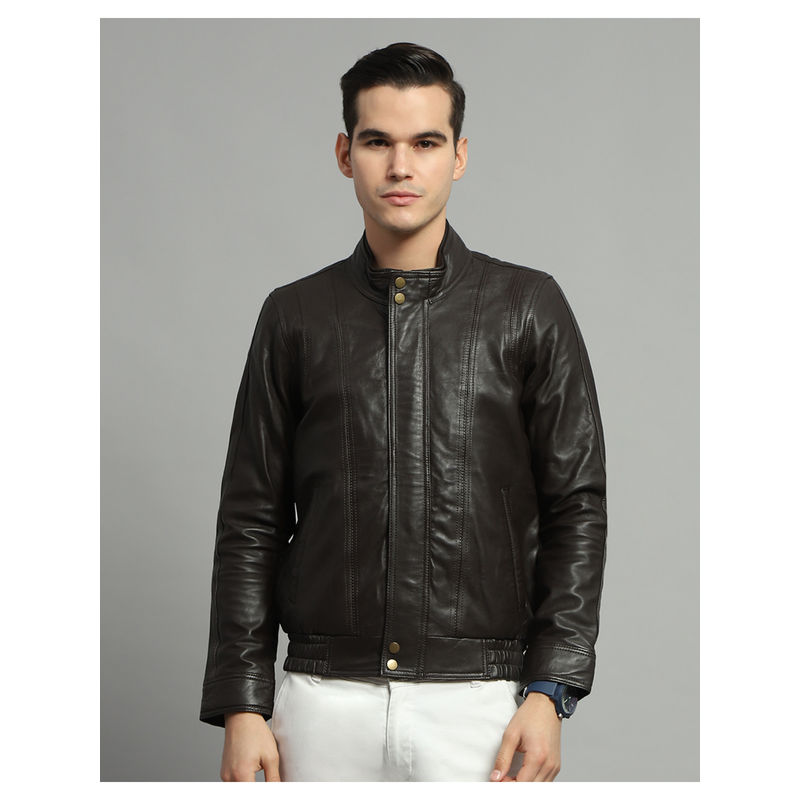 Monte Carlo Mens Dark Brown Solid Mock Neck Full Sleeve Jacket (M)