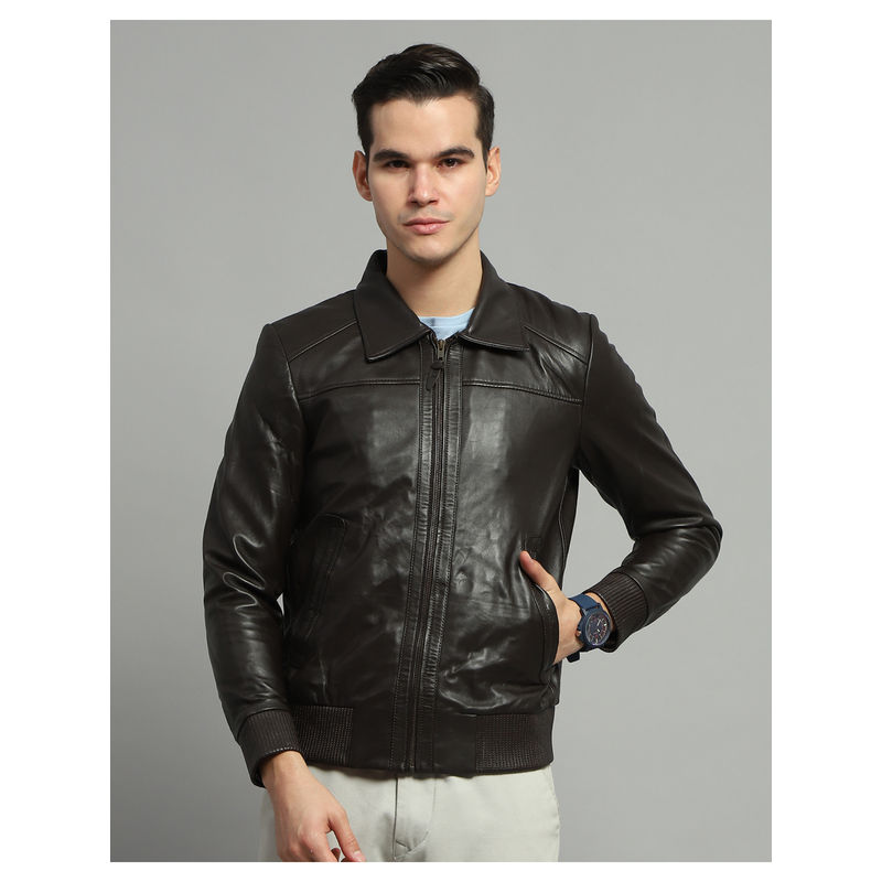 Monte Carlo Mens Dark Brown Solid Collared Neck Full Sleeve Jacket (M)