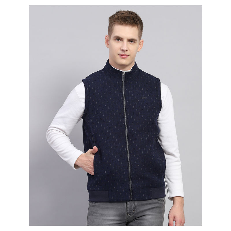 Monte Carlo Mens Printed Navy Blue Mock Neck Sleeveless Jacket (3XL)