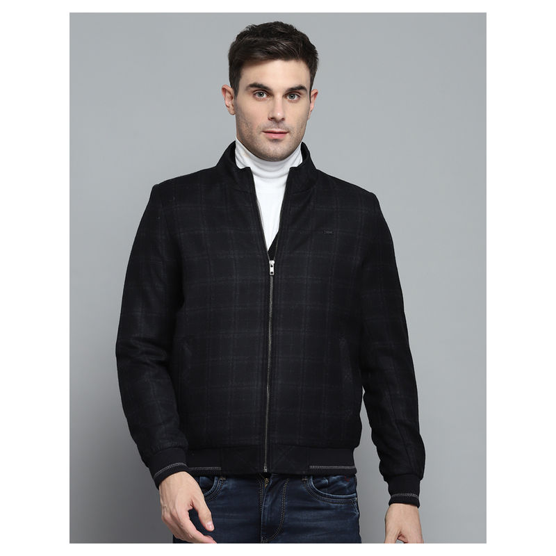 Monte Carlo Mens Checks Black Mock Neck Full Sleeves Jacket (M)