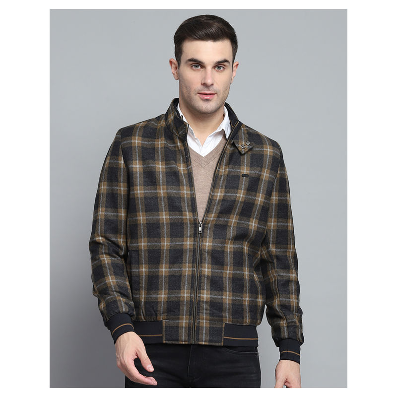 Monte Carlo Mens Checks Black Mock Neck Full Sleeves Jacket (L)