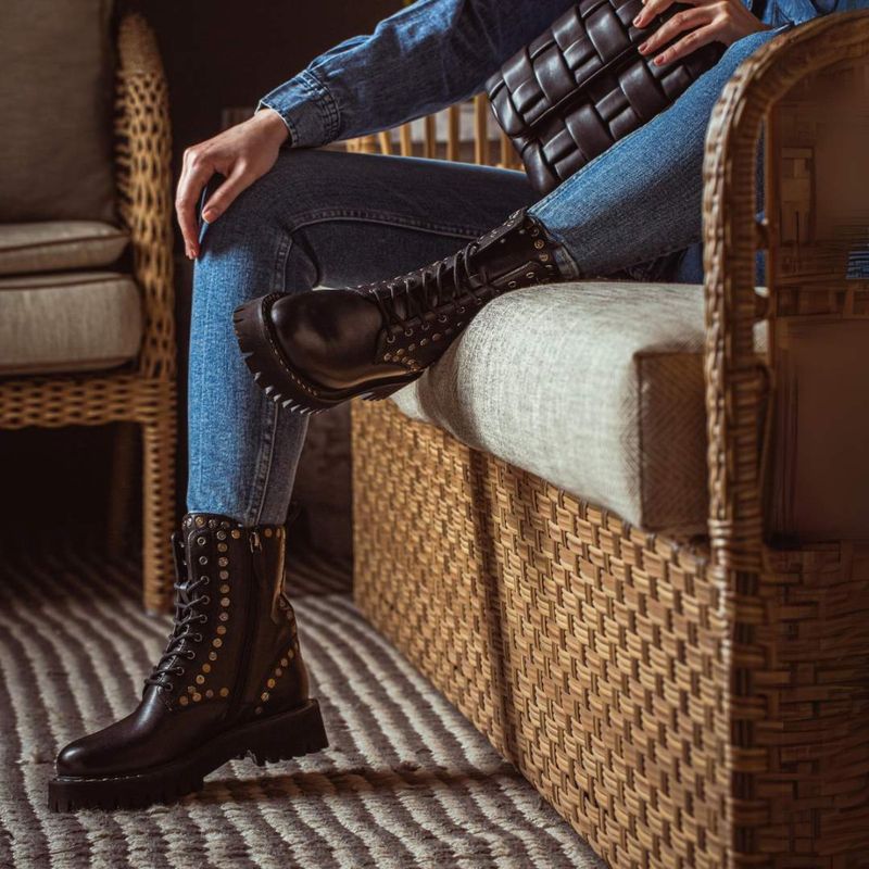 Saint G Natalie Metal Studs Lace Up High Ankle Leather Boots (UK 5)