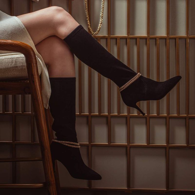 Saint G Lumina Golden Cord String Black Stretch Suede Long Boots (UK 4)