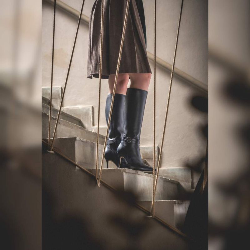 Saint G Rey Buckle Decor Dark Blue Leather Stiletto Long Boots (UK 3)