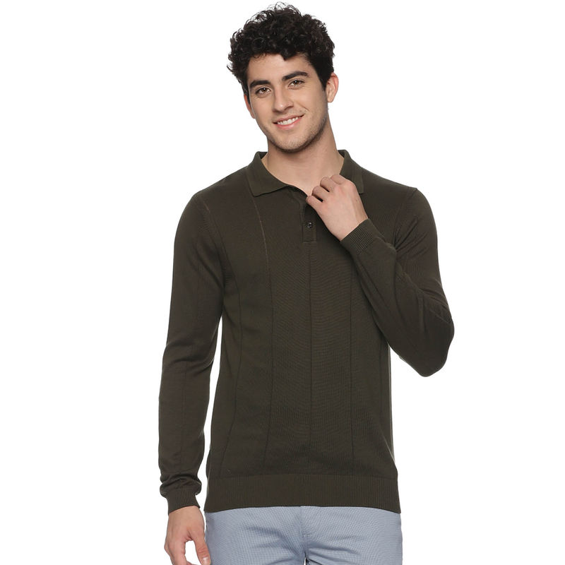MELVIN JONES Olive Stripe Knitted Polo T-Shirt (S)