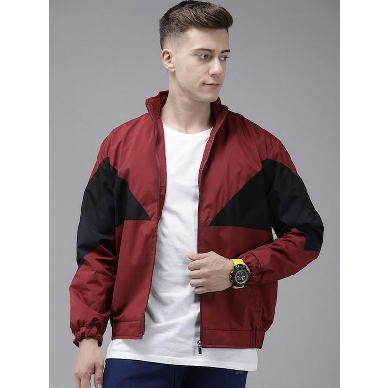 Voxati Men Maroon Polyester High Neck Colorblock Windcheater Jacket (S)