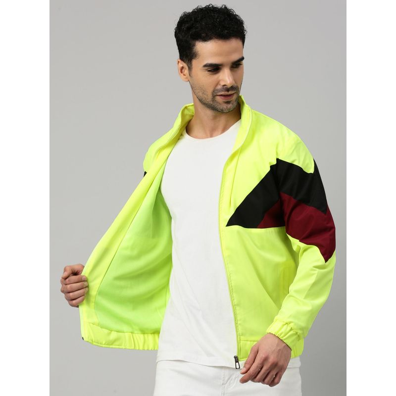 Voxati Men Green Polyester High Neck Colorblock Windcheater Jacket (S)