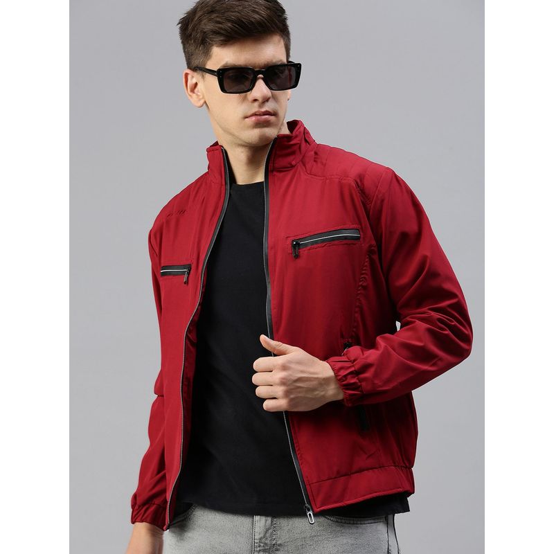 Voxati Men Red Polyester High Neck Solid Windcheater Jacket (L)