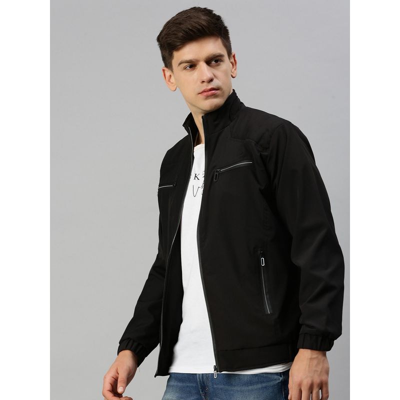 Voxati Men Black Polyester High Neck Solid Windcheater Jacket (XL)