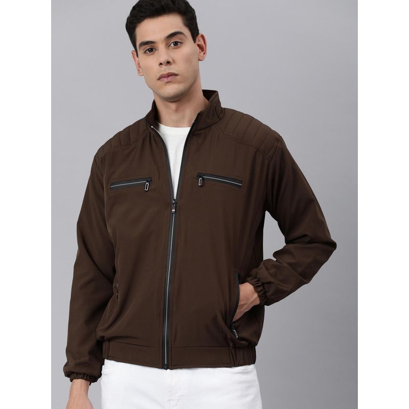 Voxati Men Brown Polyester High Neck Solid Bomber Jacket (L)