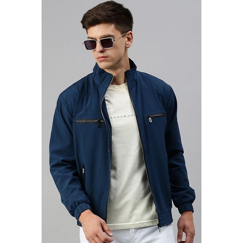 Voxati Men Blue Polyester High Neck Solid Windcheater Jacket (M)