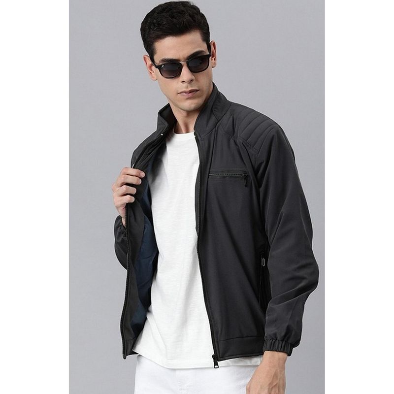 Voxati Men Grey Polyester High Neck Solid Windcheater Jacket (2XL)