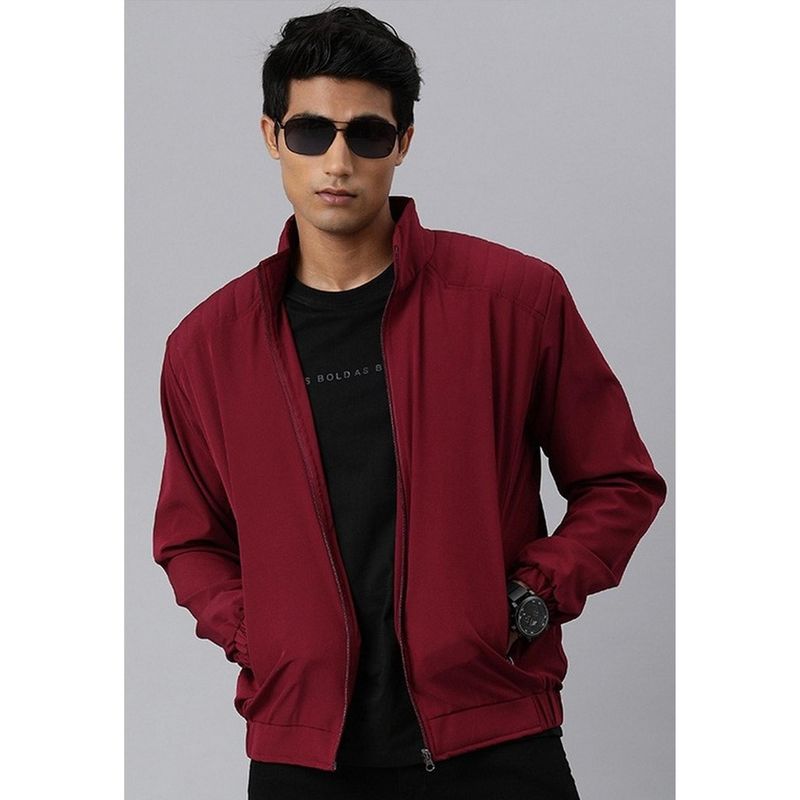 Voxati Men Maroon Polyester High Neck Solid Windcheater Jacket (XL)