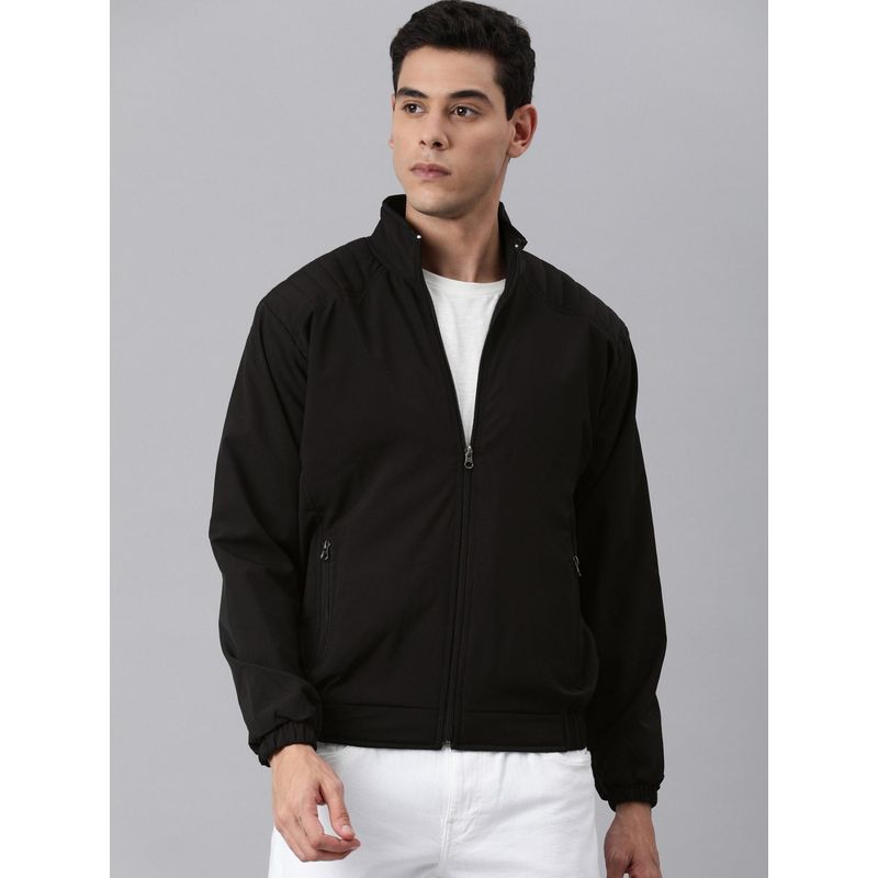Voxati Men Black Polyester High Neck Solid Windcheater Jacket (XL)