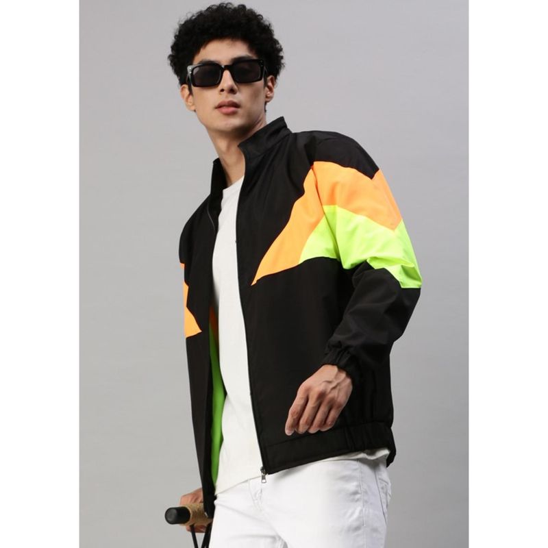 Voxati Men Black Polyester High Neck Colorblock Windcheater Jacket (S)