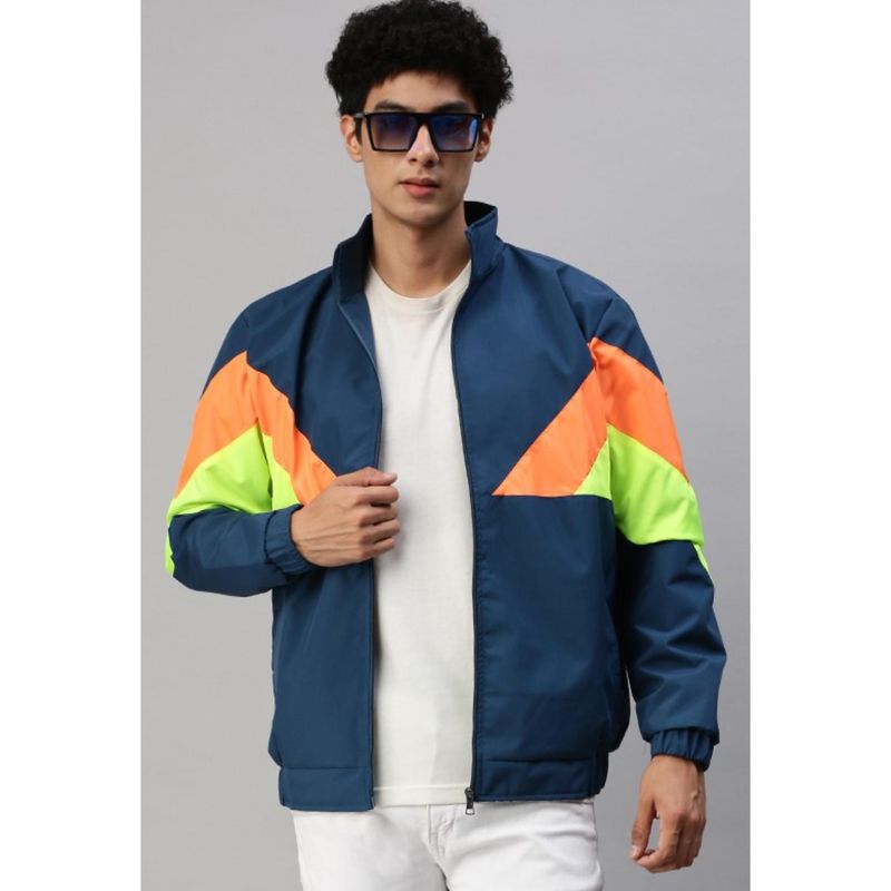 Voxati Men Blue Polyester High Neck Colorblock Windcheater Jacket (S)