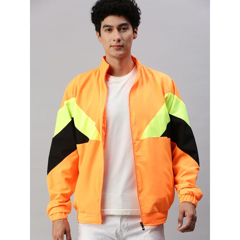 Voxati Men Orange Polyester High Neck Colorblock Windcheater Jacket (M)