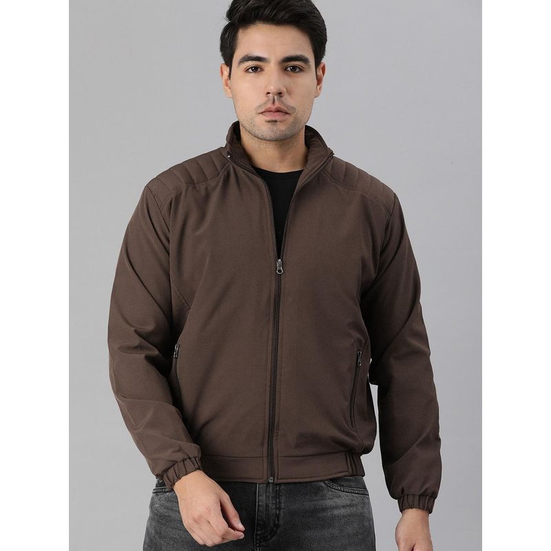 Voxati Men Brown Polyester High Neck Solid Windcheater Jacket (2XL)