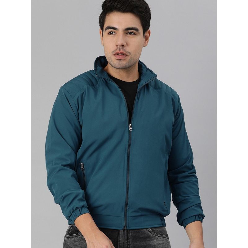 Voxati Men Blue Polyester High Neck Solid Windcheater Jacket (XL)