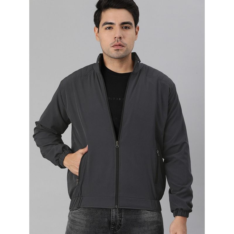 Voxati Men Grey Polyester High Neck Solid Windcheater Jacket (2XL)