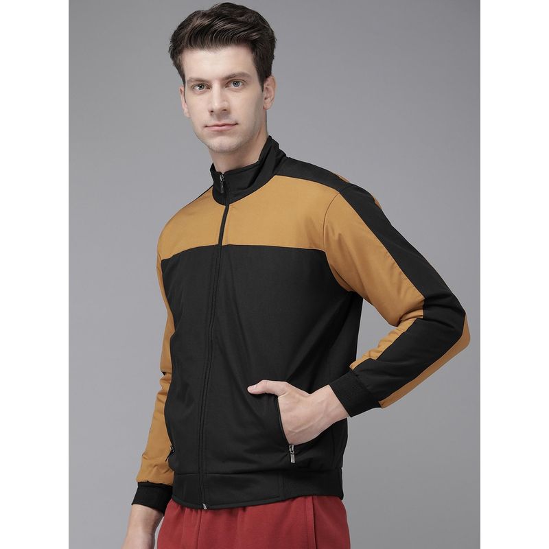 Voxati Men Black Polyester High Neck Colorblock Windcheater Jacket (S)