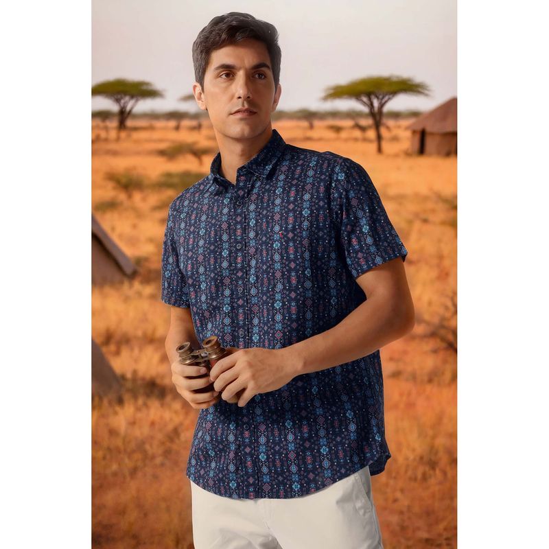 Louis Philippe Men Navy Blue Print Half Sleeves Shirt (42)