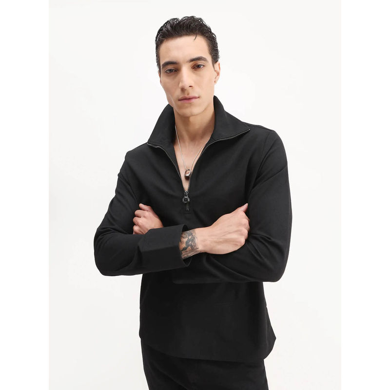 Rare Rabbit Black Polyester Blend Collared Plain Shaket (XS)