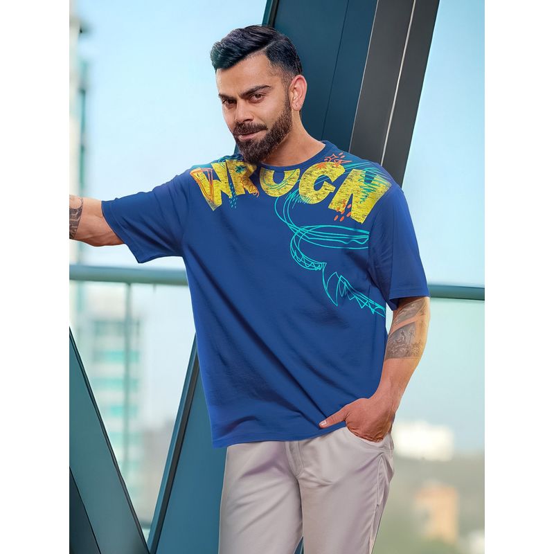 WROGN Heavy Gsm Placement Print Blue T-Shirt (XL)