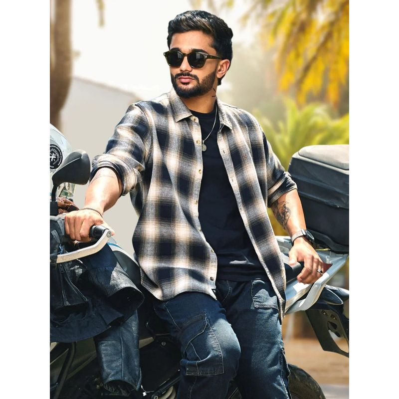 WROGN Shadow Checked Cotton Shirt - Black (XL)