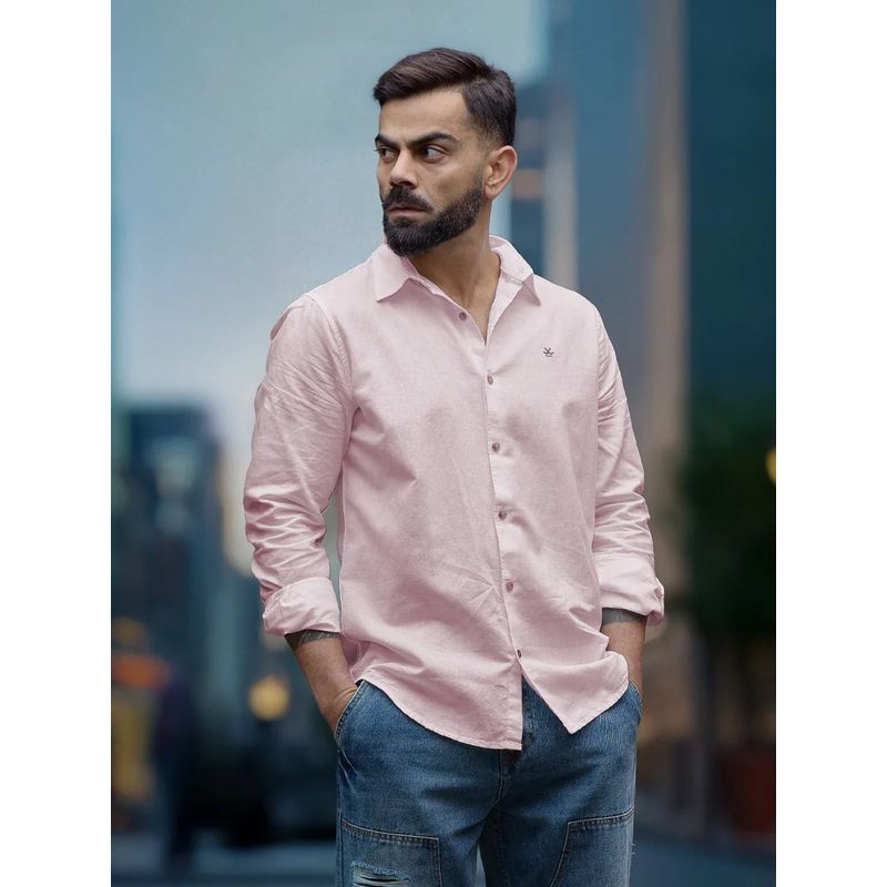 WROGN Pink Solid/Plain Collar Neck Casual Shirt (M)