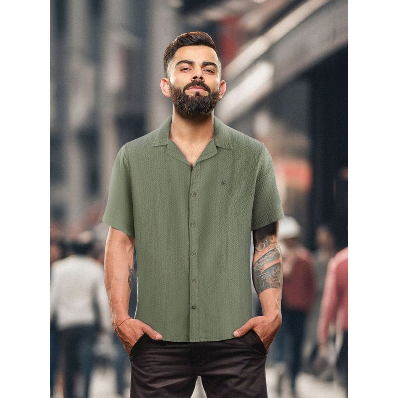 WROGN Olive Textured Collar Neck Casual Shirt (M)