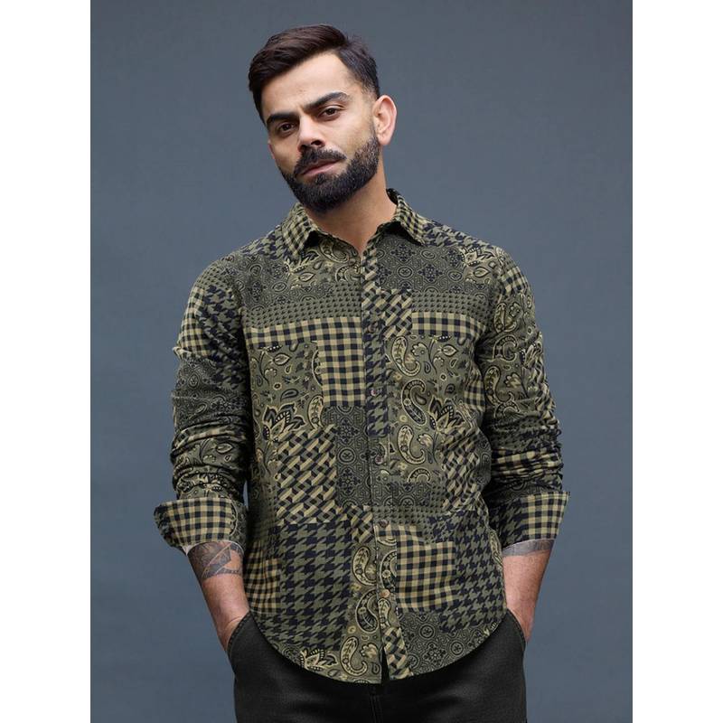 WROGN Olive Printed Collar Neck Casual Shirt (L)