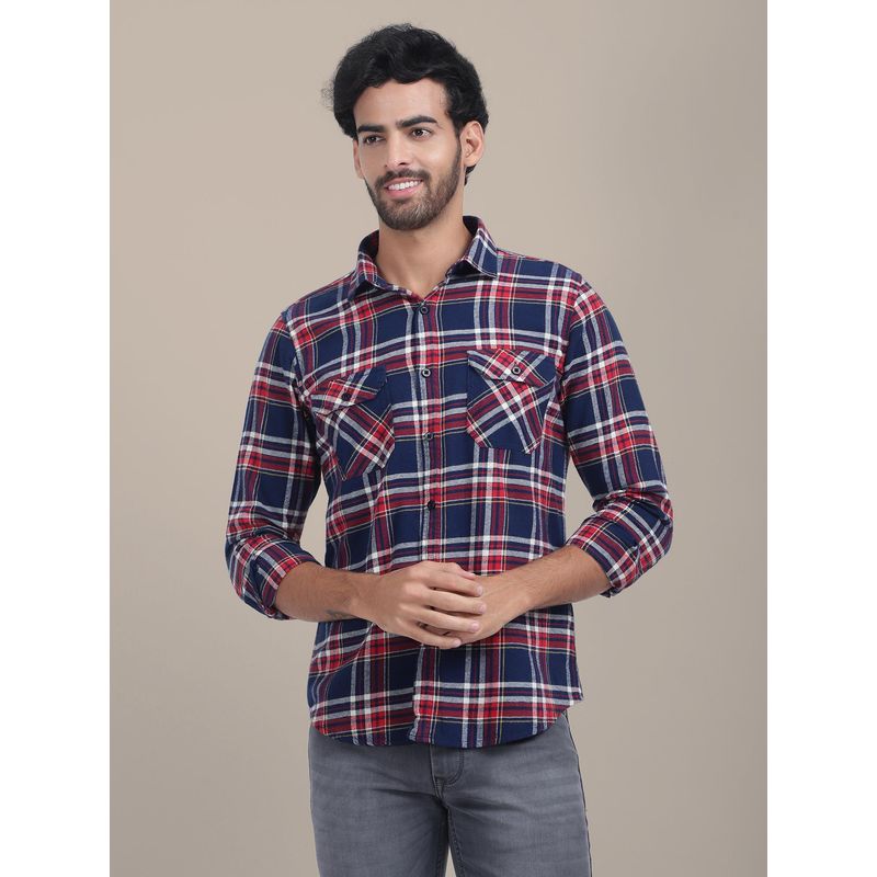 AM SWAN Men Navy Blue & Red Regular Fit Checked Casual Shirt (40)