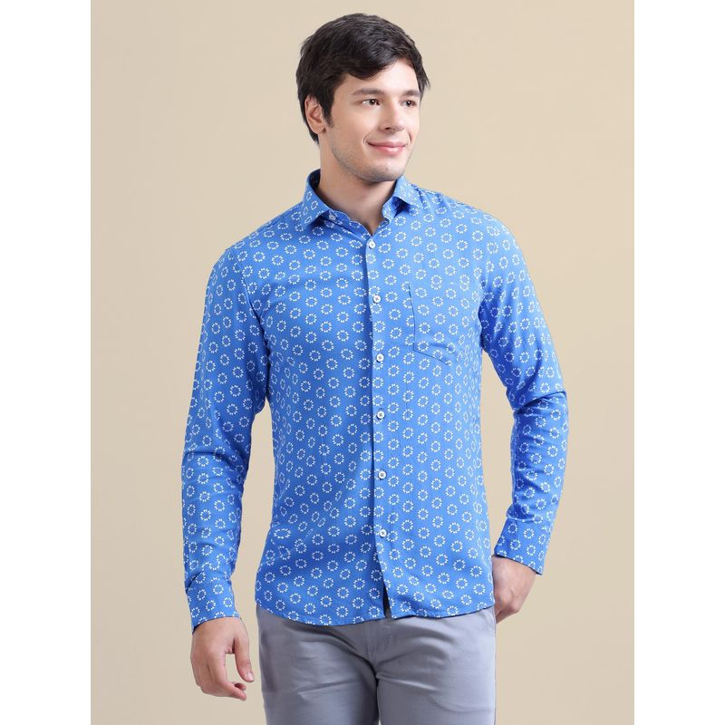 AM SWAN Men's Rayon Shirt with Blue Block Print (40)