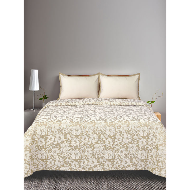 Saral Home Kanan Beige Cotton Bedsheet with Two Pillow Covers (Set of 3) (King)