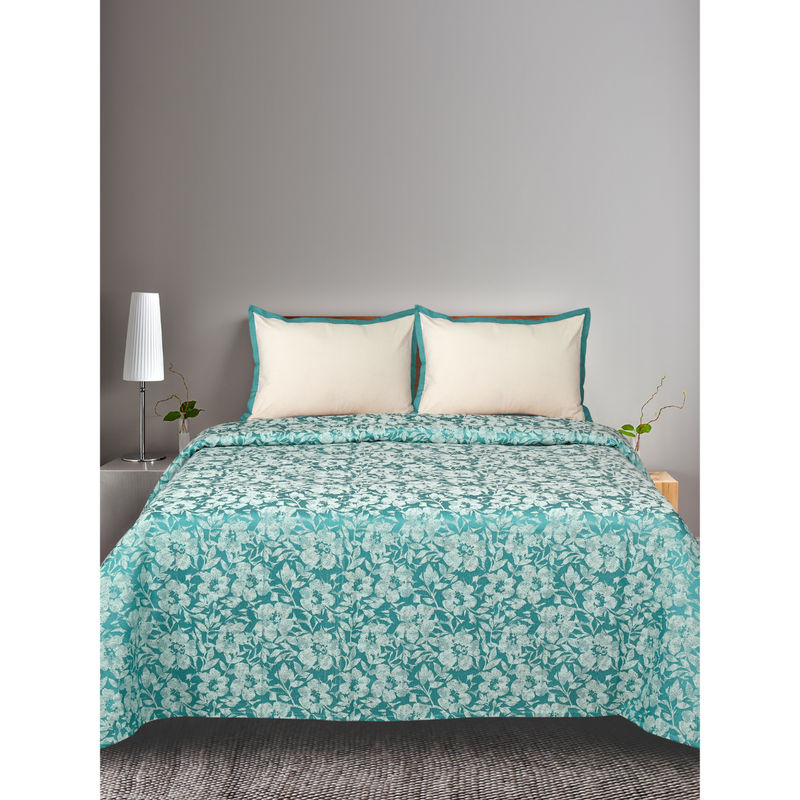 Saral Home Kanan Teal Cotton Bedsheet with Two Pillow Covers (Set of 3) (Queen)