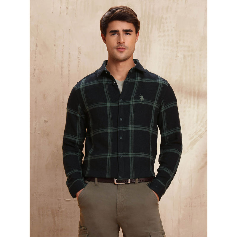 U.S. Polo Assn. Denim Co. Men Black Pure Cotton Slim Fit Checks Shirt (40)