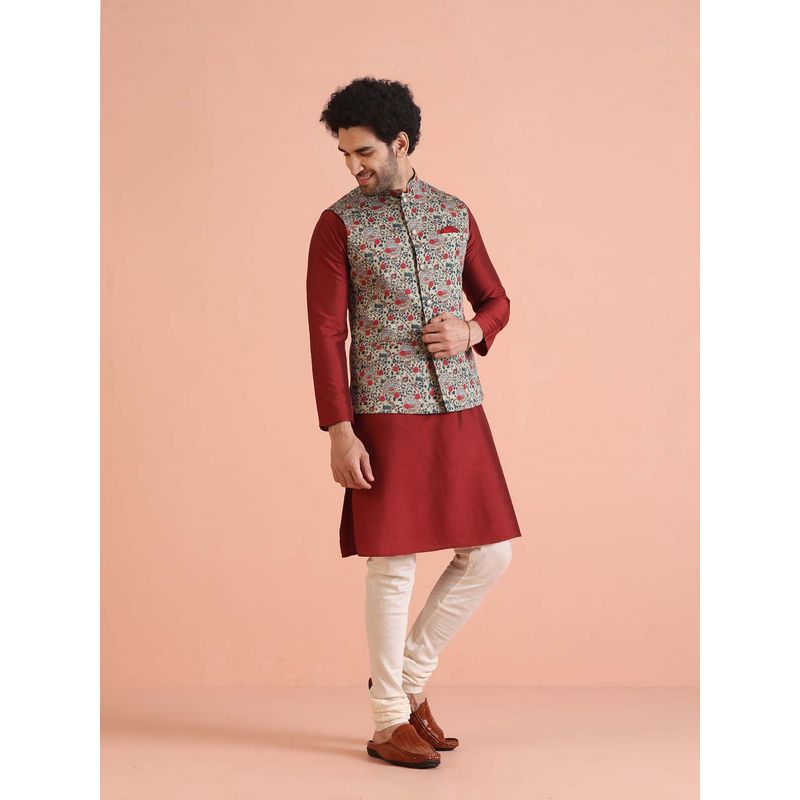 KISAH Multi-Coloured Cotton Floral Nehru Jacket with Kurta & Trouser (42)