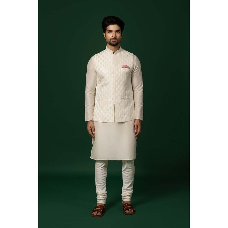 KISAH White Silk Blend Textured Jacket with Kurta and Churidar (36)