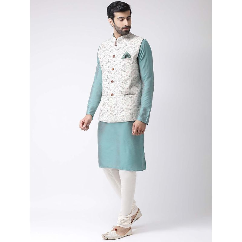 KISAH Cream Printed Jacket Aqua Kurta with Churidar (42)