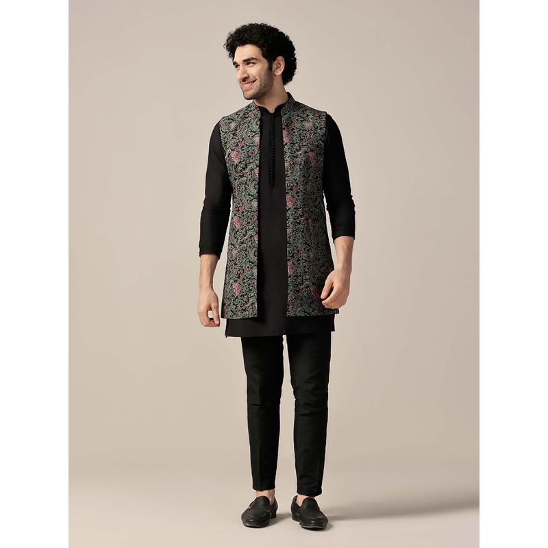 KISAH Black Silk Blend Printed Jacket with Kurta & Trouser (46)
